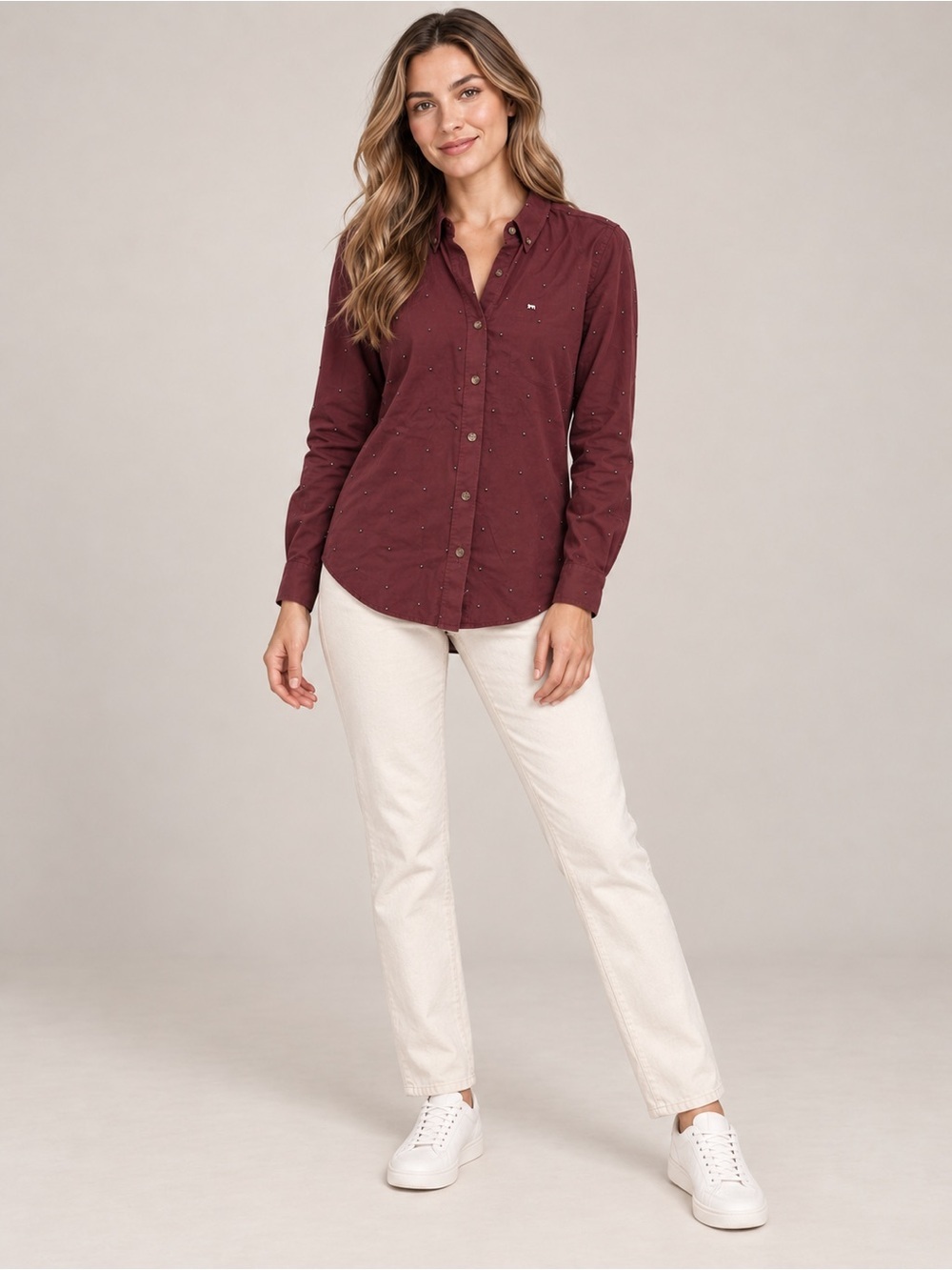 Peau de Loup Womens 6 Burgundy Cotton Button Up Shirt Geometric Print